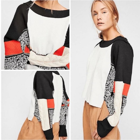 Free People Tops - Free People Josie Patterned Patchwork Pullover Crop Fray Hem Long Sleeve Top L